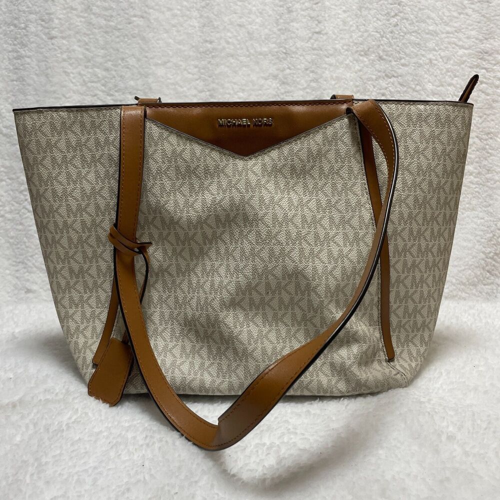 Michael Kors XL‎ Acorn Vanilla Brown Signature Tote Bag MK Logo Designer Handbag